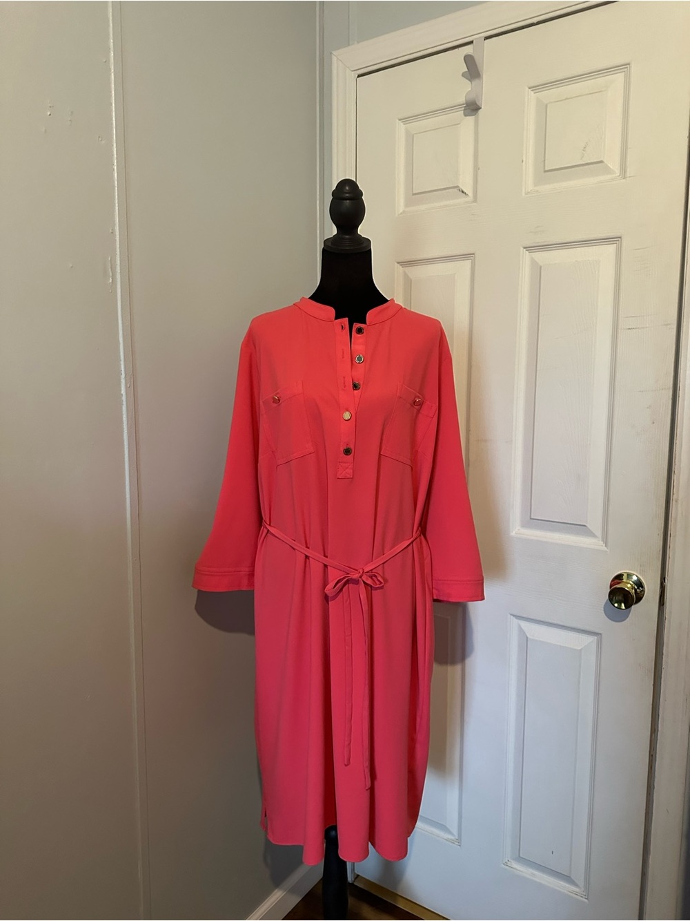 Liz Claiborne Women's Coral Pink Button-Front Shirt Dress with Tie Waist